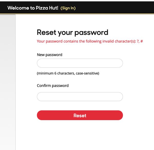 PizzaHut dumb password rule screenshot